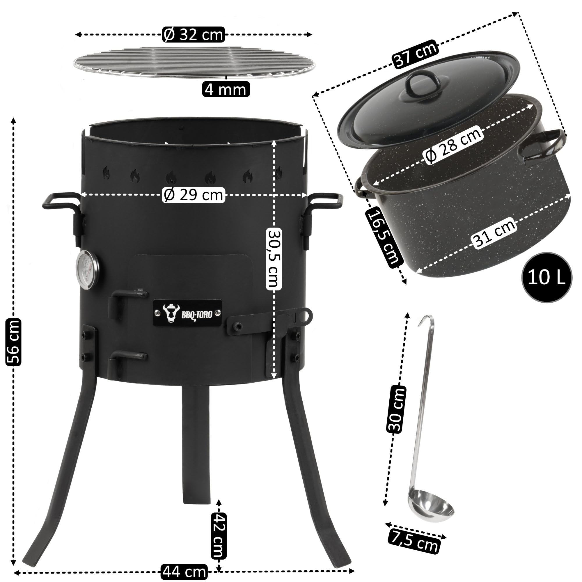 BBQ-Toro Piec jednogarnkowy do użytku na zewnątrz, Ø 29 cm, z garnkiem, rusztem do grillowania i chochlą do zupy, kociołek na gulasz, kociołek na ogień, piec outdoorowy, palenisko, kuchnia na zewnątrz