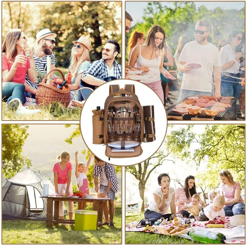 Picnic Backpack Cooler for 4 Person with Insulated Bag Wine Holder Fleece Blanket Cutlery Set Perfect for Beach Day Travel Hiking Camping BBQs Family and Lovers Gifts
