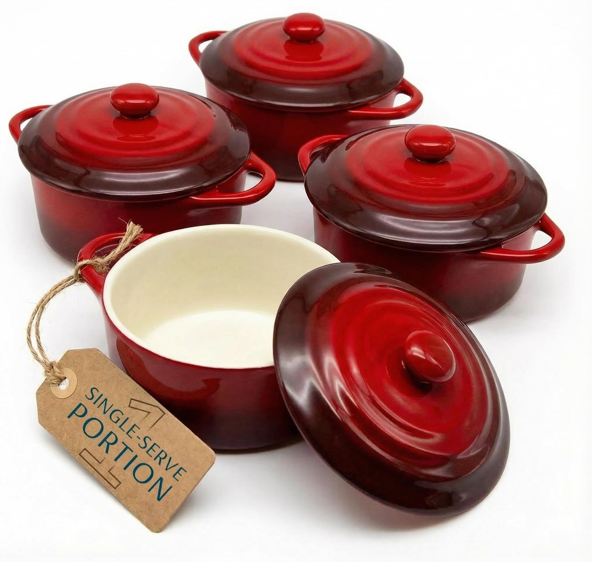 KooK 12oz Mini Cocotte, Casserole Dish, Ceramic Make, Easy to Lift Lid, Crimson Red, Set of 4,
