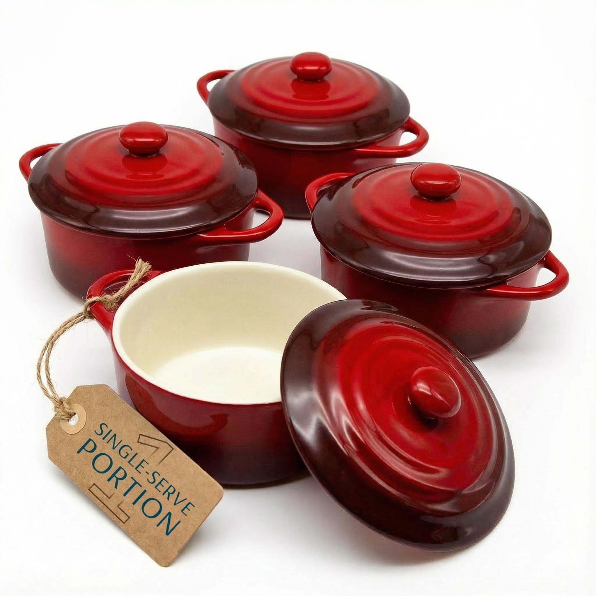 KooK 12oz Mini Cocotte, , Casserole Dish, Ceramic Make, Easy to Lift Lid, Crimson Red, Set of 4,