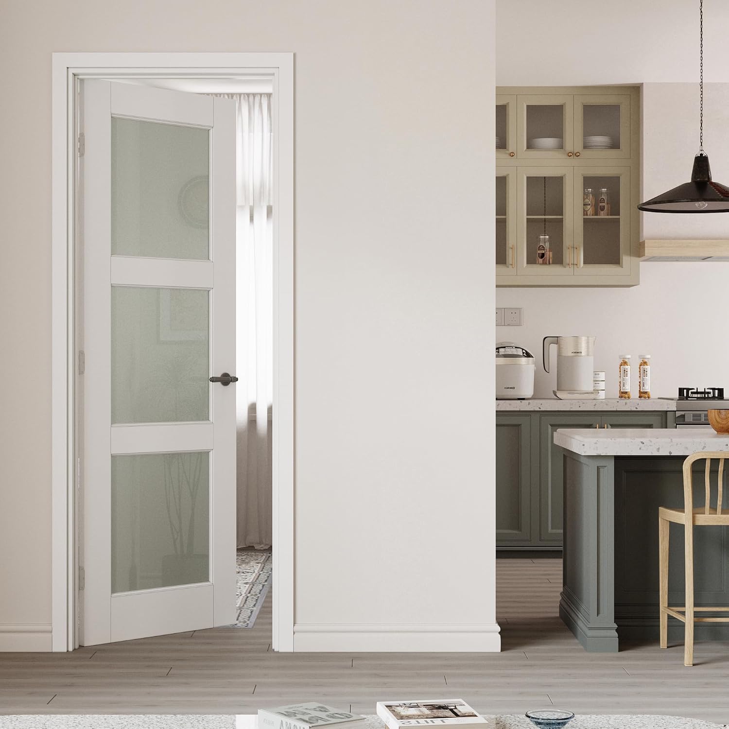 28" x 80" Prehung Door 3-Lite Tempered Frosted Glass Slab Doors with Jamb Kit, Solid Core MDF Interior Door for Bathroom Pantry Laundry, Easy Assemble - Left Handed Silver Hinges