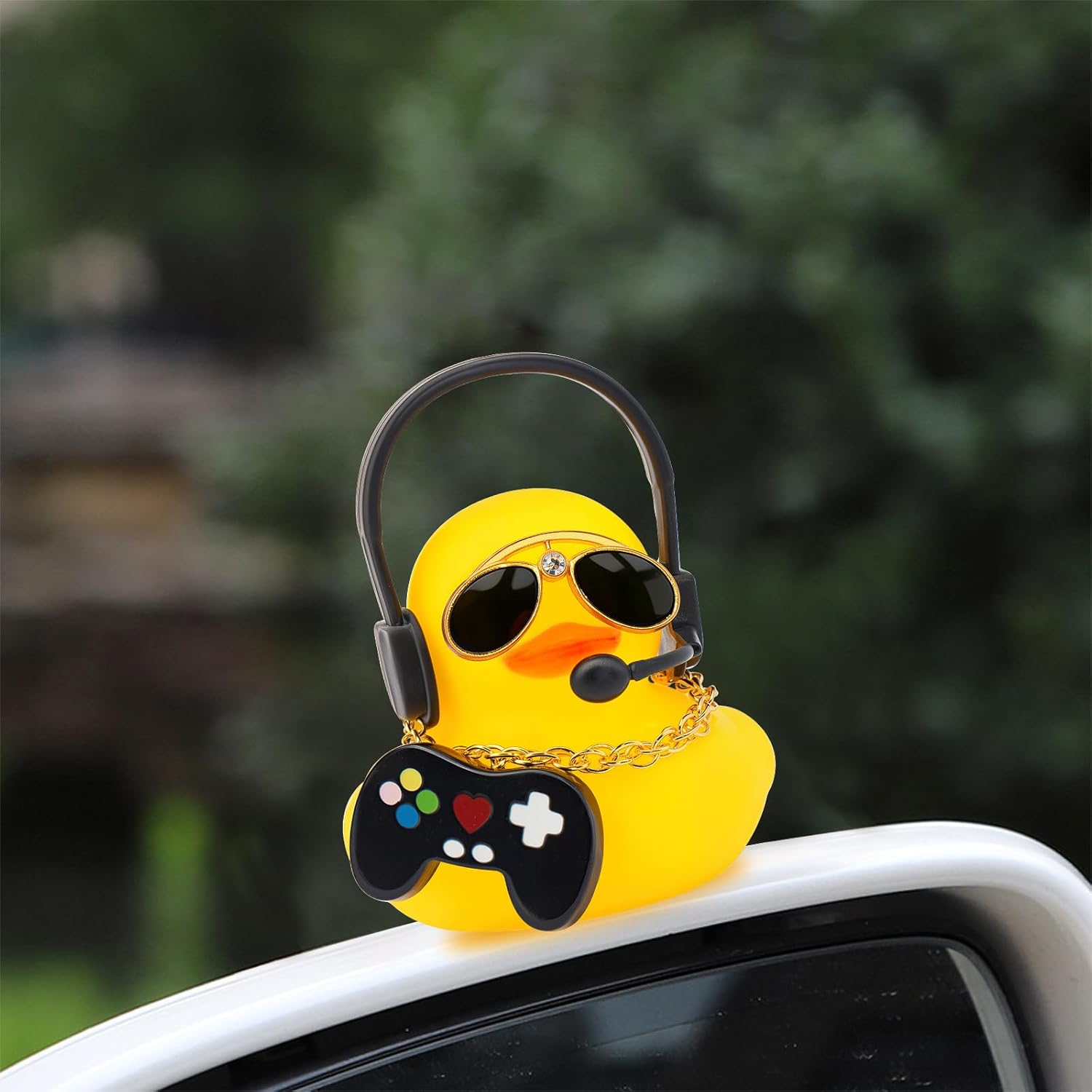 wonuu Mini Rubber Ducks for Car Dashboard, Cute Ducky Car Interior Decoration Accessories with Headset, Necklace, Sunglasses (Gaming-Yellow)