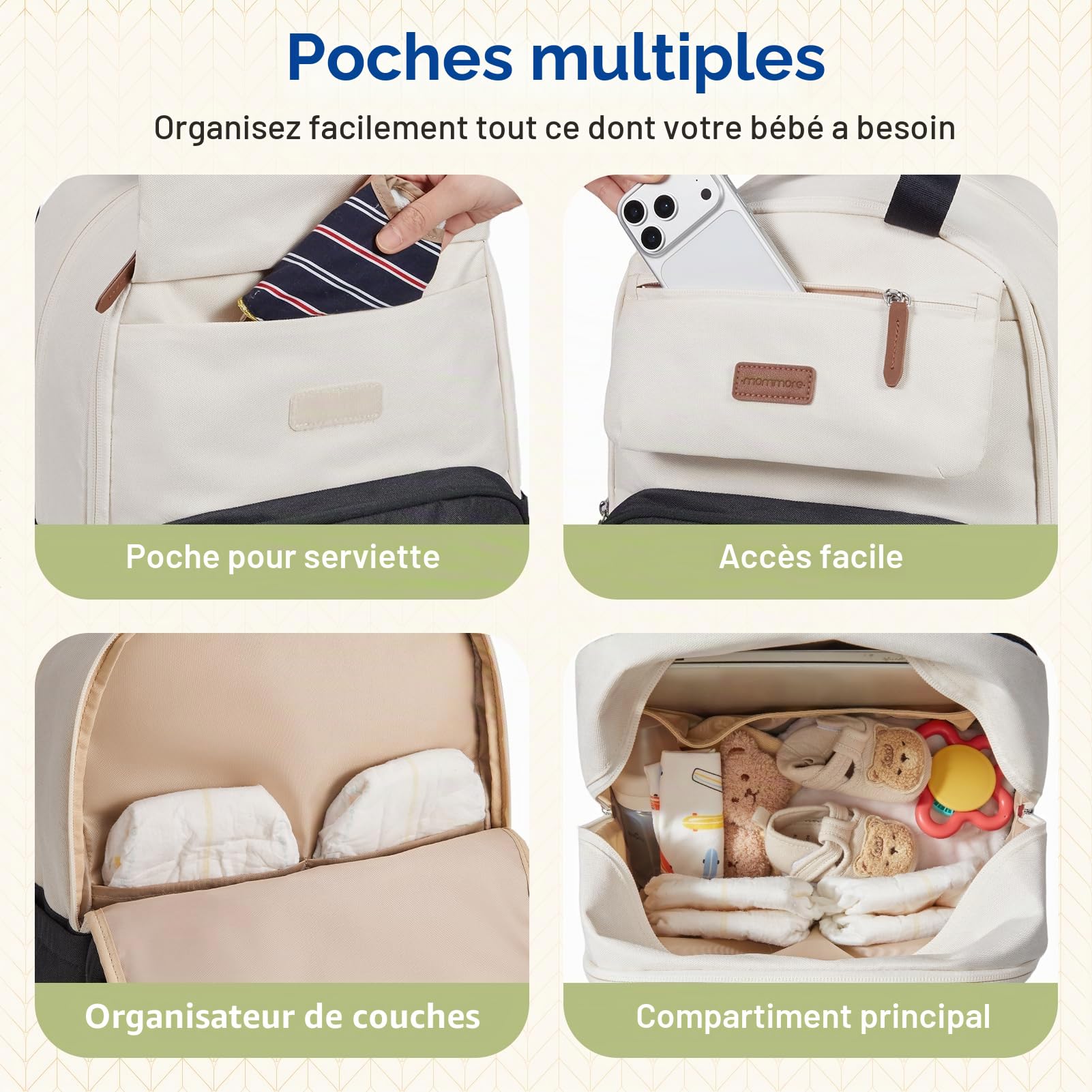 mommore Sac a Langer Bebe Grande Capacité – Inclut un Matelas à Langer, Sac pour Bébé Robuste avec Attaches pour Poussette, Sac à Dos à Langer de Voyage Imperméable pour Les Parents, Noir