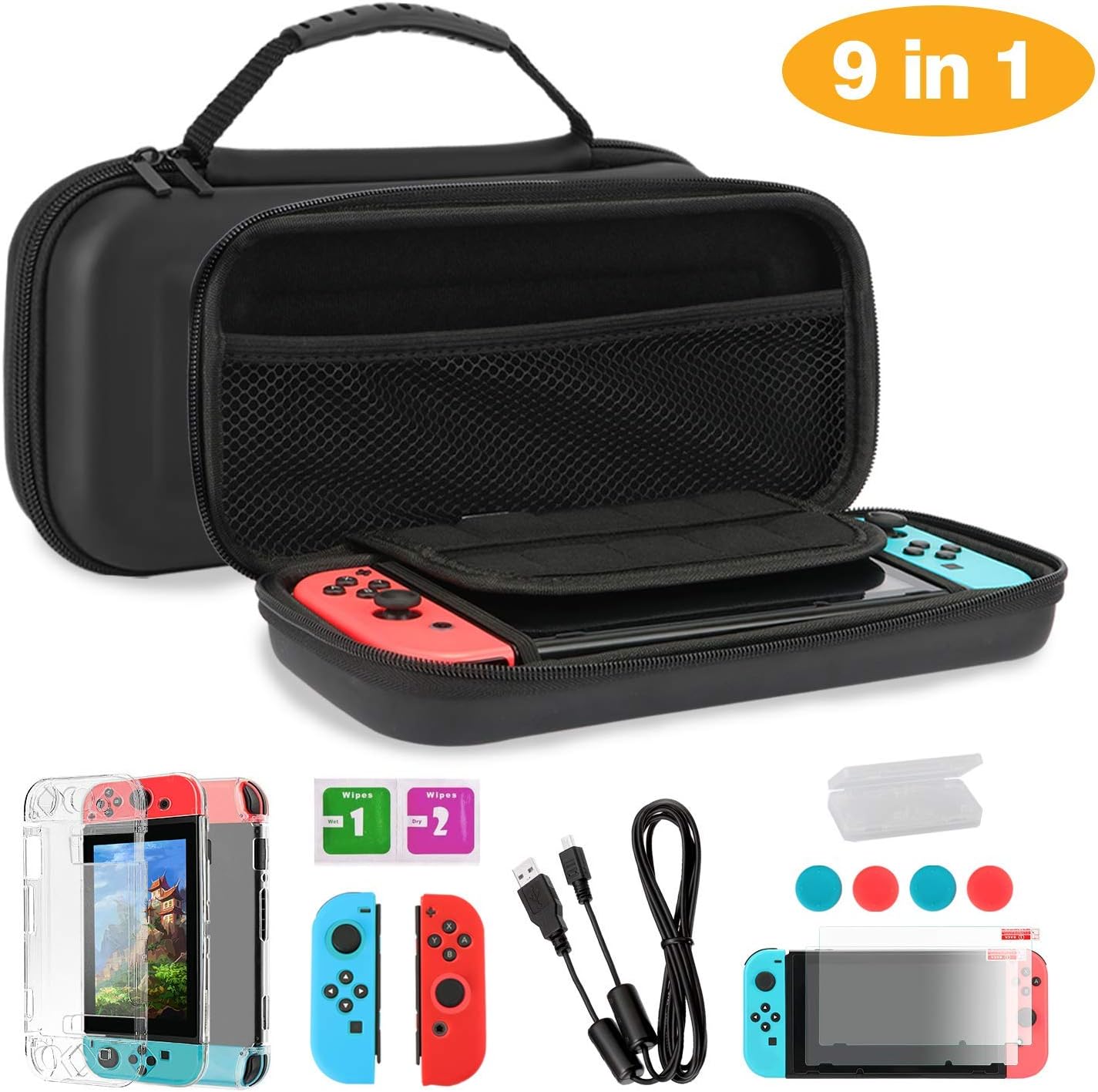 TKOOFN Case & Accessories 9 in 1 Kit for Nintendo Switch Black