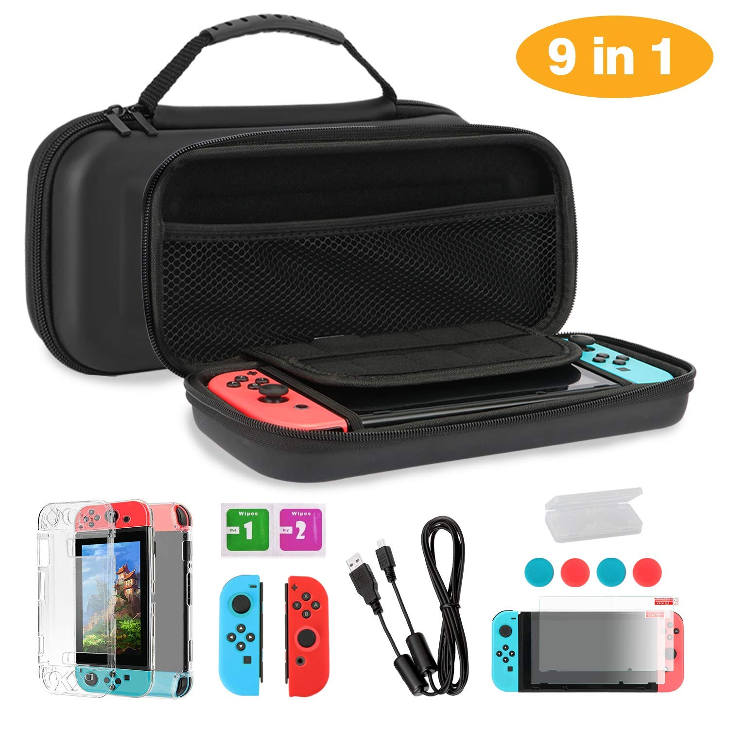 TKOOFN Case & Accessories 9 in 1 Kit for Nintendo Switch Black