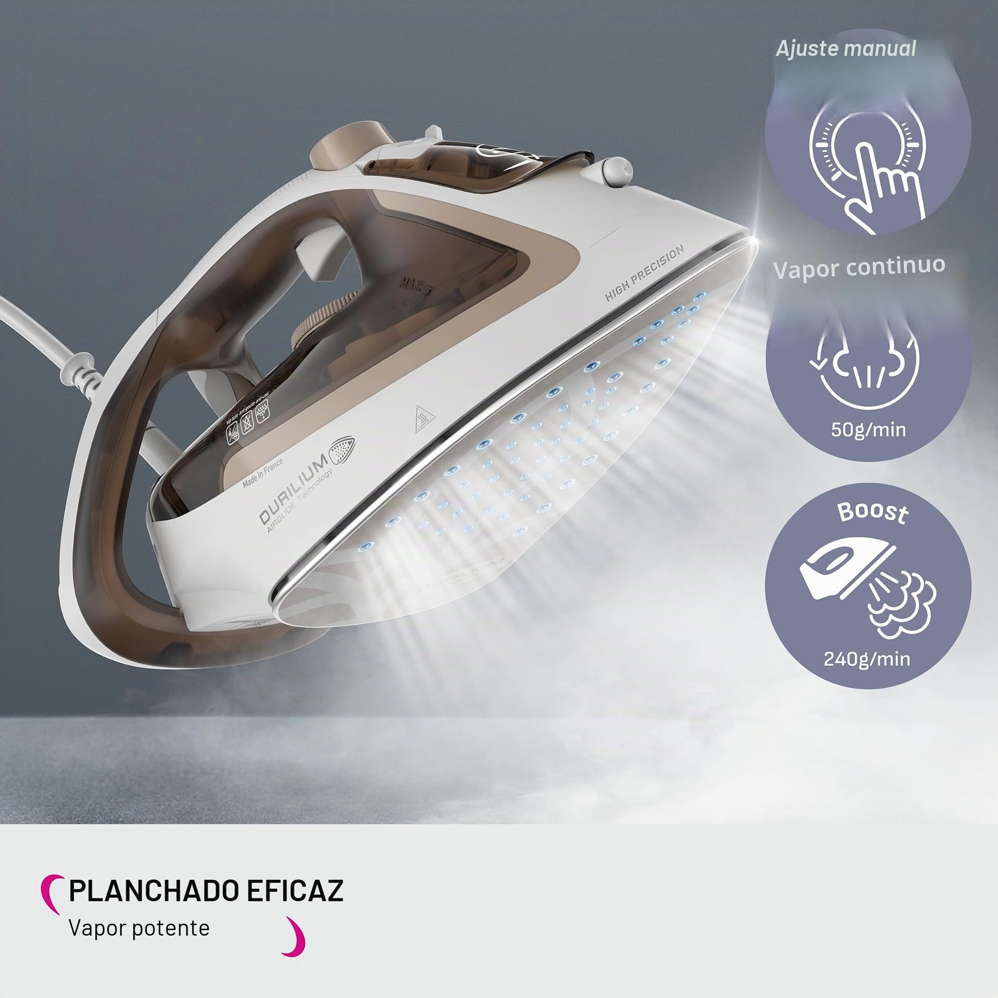 Calor Easygliss Eco Plancha 2800 W, Flujo de vapor 50 g/min, Función Pressing 240 g/min, Hasta 30% ahorro de energía, Suela Durilium Airglide, fabricada en Francia, Arcilla FV5780C0