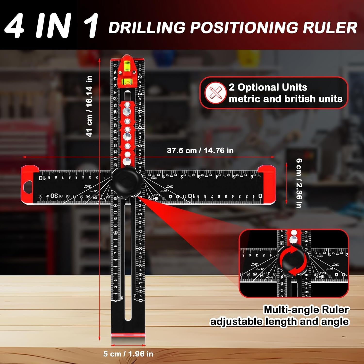 Drawer Ruler 4-in-1 Drilling Positioning Ruler, Adjustable 35 cm Multifunctional T ...