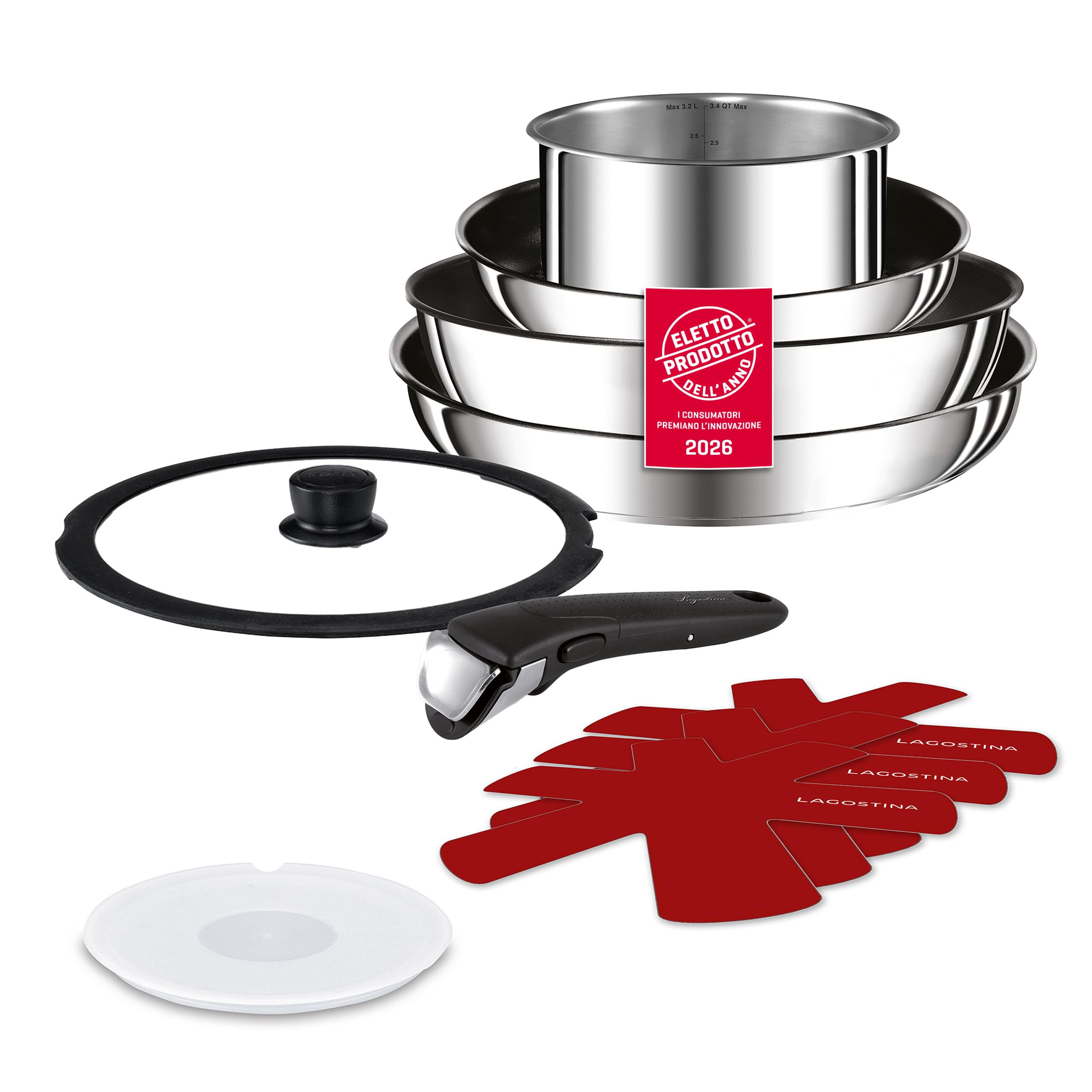 Lagostina Ingenio Inox Set di Pentole e Padelle in Acciaio Inox, Rivestimento antiaderente, 7 Pezzi, Adatto ad Induzione, 1 Casseruola, 2 Padelle, 1 Wok, 1 Coperchio in vetro, 1 Coperchio in Plastica