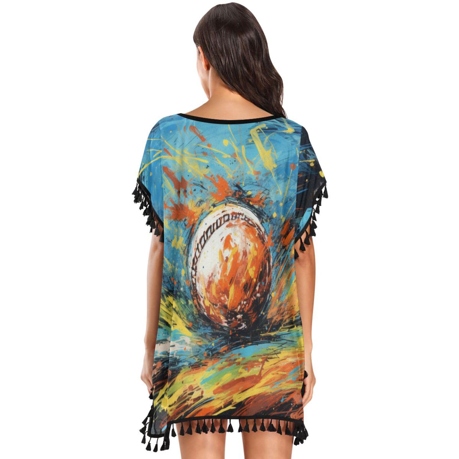 Watercolor Art Kickball Women's Beach Cover Up Chiffon Tassel Swimwear Swimsuit Coverups for Girl
