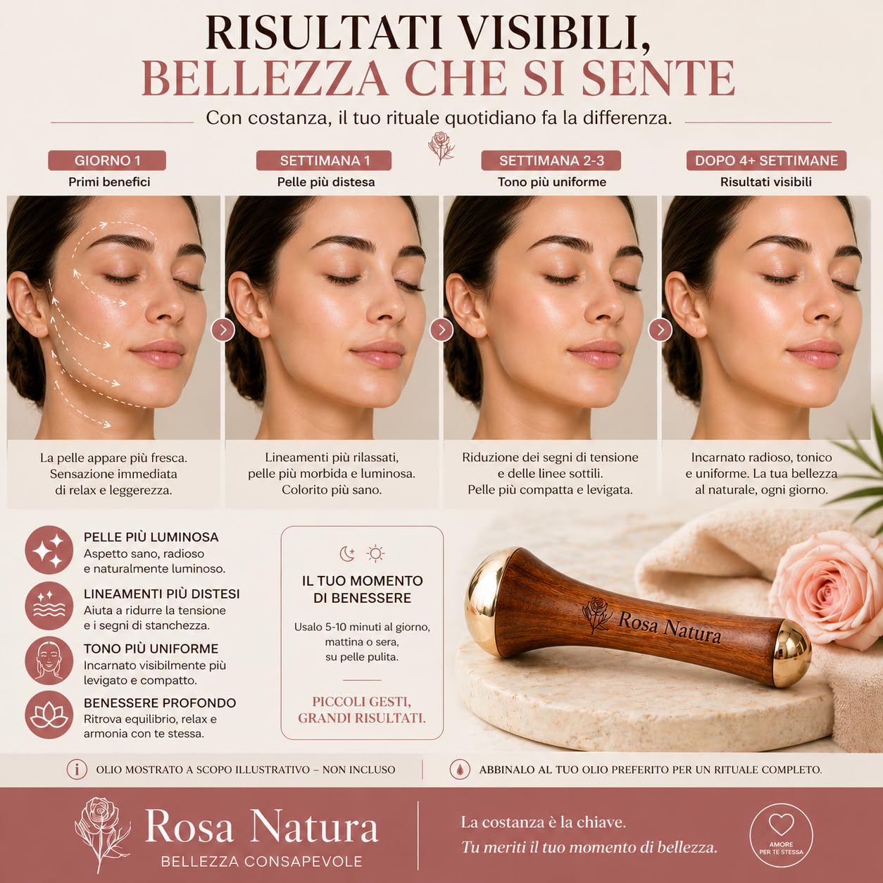 Kansa Wand Rosa Natura – Massaggiatore Viso Ayurvedico, Doppia Testa Bronzo e Teak, Effetto Lifting Naturale, Anti-Età, Pelle Luminosa e Distesa, Massaggio Viso e Collo