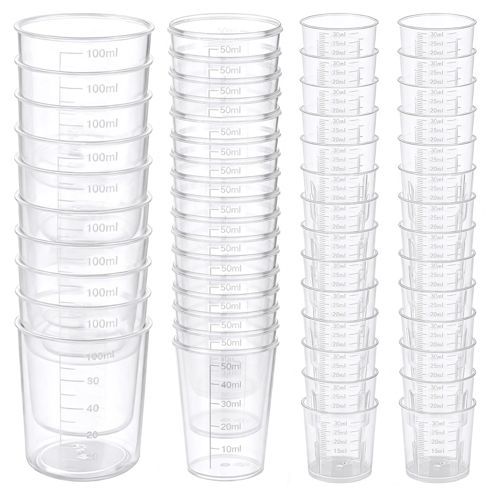 Akamino 50 Pcs Plastic Measuring Cups, 30ml 50ml 100ml Resin Epoxy Mixing Cups, Graduated Medicine Measuring Jugs with Clear Scales, Kitchen Beakers Cups for Cooking, Lab Measuring Tasks
