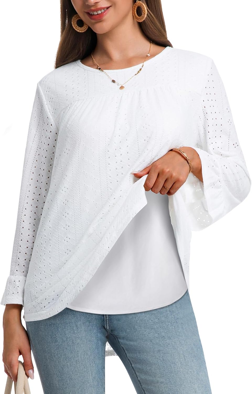 Women Boho Double Layered Crewneck Tunic Eyelet Tops Loose Fit Dressy Cute 3/4 Sleeve Casual Blouses Shirts 2026