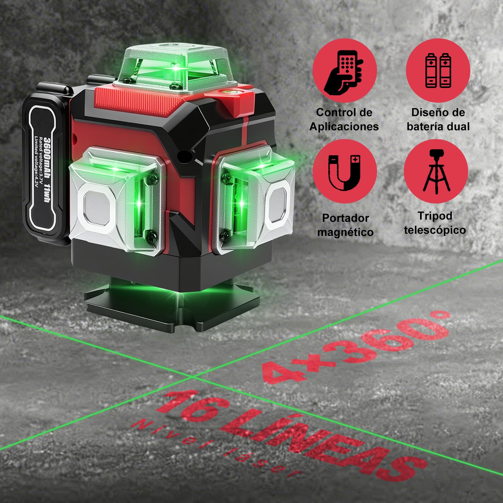 Nivel Laser Autonivelante 360 Grados, 4D 16 Líneas Nivel Laser Verde con Trípode, Digital Niveles LáSer con 3600 mAh x 3 baterías Recargables para Interiores, Obras