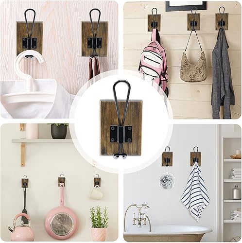 Vista 23 de Ganchos de pared para colgar, paquete de 4 ganchos de toalla de granja para baños, ganchos para sombreros, percheros para batas y llaves (marrón (A)