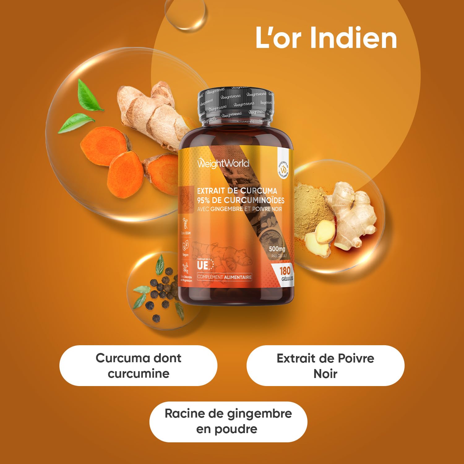 Curcuma Gingembre Poivre Noir 180 Gélules Vegan (6 Mois) - 95% Curcumine