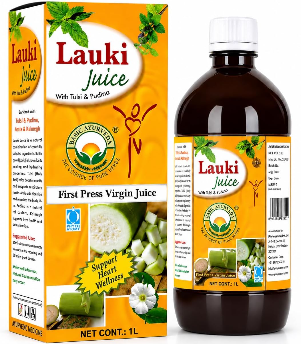 Basic Ayurveda Lauki with Tulsi & Pudina | 1L First Press Virgin Bottle Gourd Blend | Herbal Drink for Hydration, Digestion & Daily Wellness | No Added Preservatives