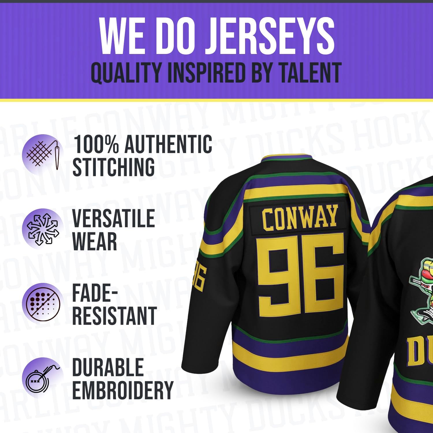 Charlie Conway #96 Duck Hockey Jersey – 90s Throwback Shirt with Stitched Letters, Adult Sizes S–5XL