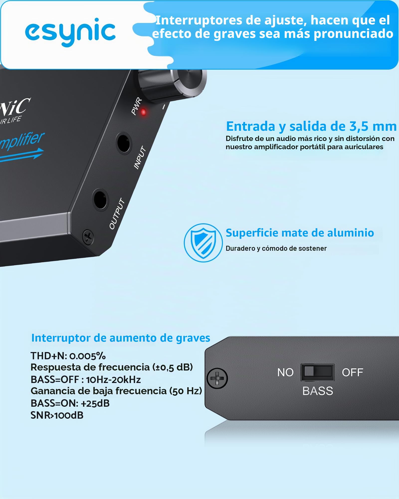 eSynic Amplificador de Auriculares Profesional 16-600Ω con Ganancia de Graves - Amp Portátil de 3,5 mm y Recargable, Superficie de Aluminio Mate, para Móviles, PC, MP3, MP4, etc.