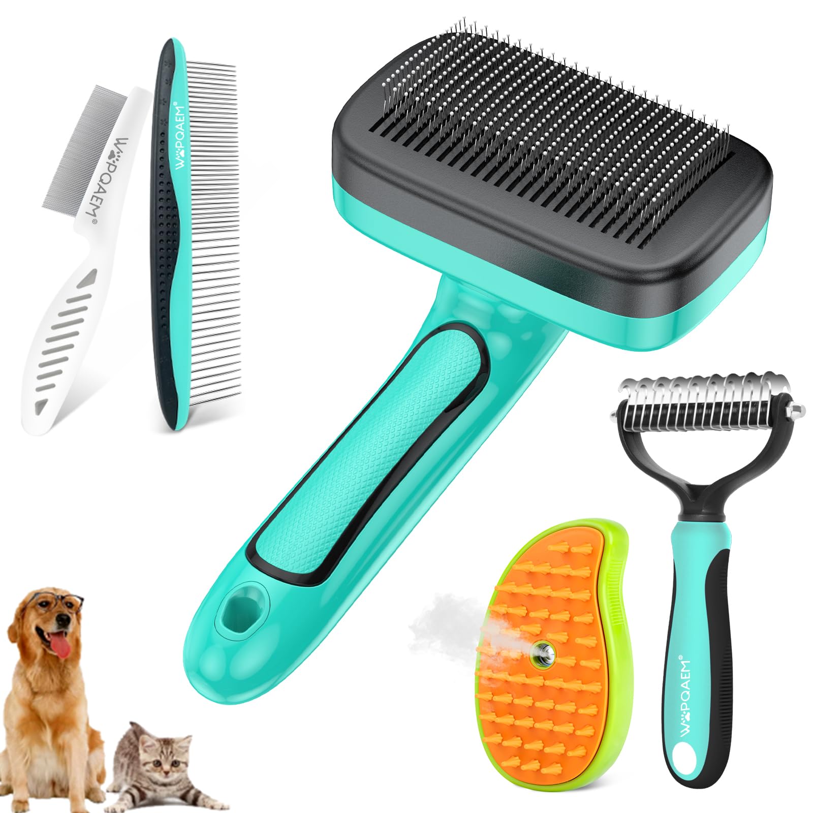 Dog Brush for Shedding Short Long Haired Cats, 5 in 1 Pet Grooming Kit for Small Medium & Large Animals. Removes Loose Fur, Mats, Tangled. Easy Cleaning. Undercoat Rake + Steam Brush Included