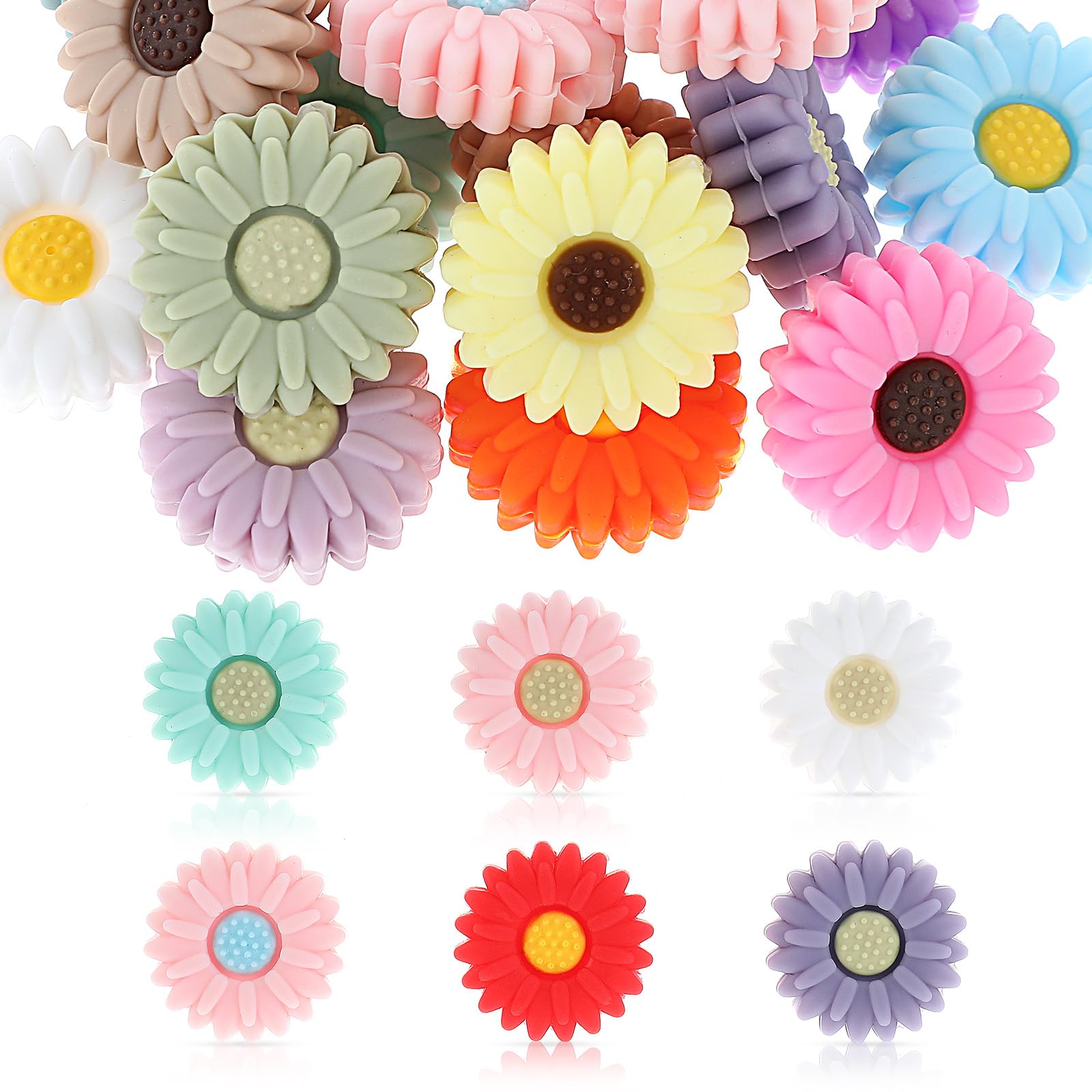 Tyqour 20pcs 30mm Silicone Daisy Flower Beads for DIY Pens Necklaces and Bracelets, multicolored