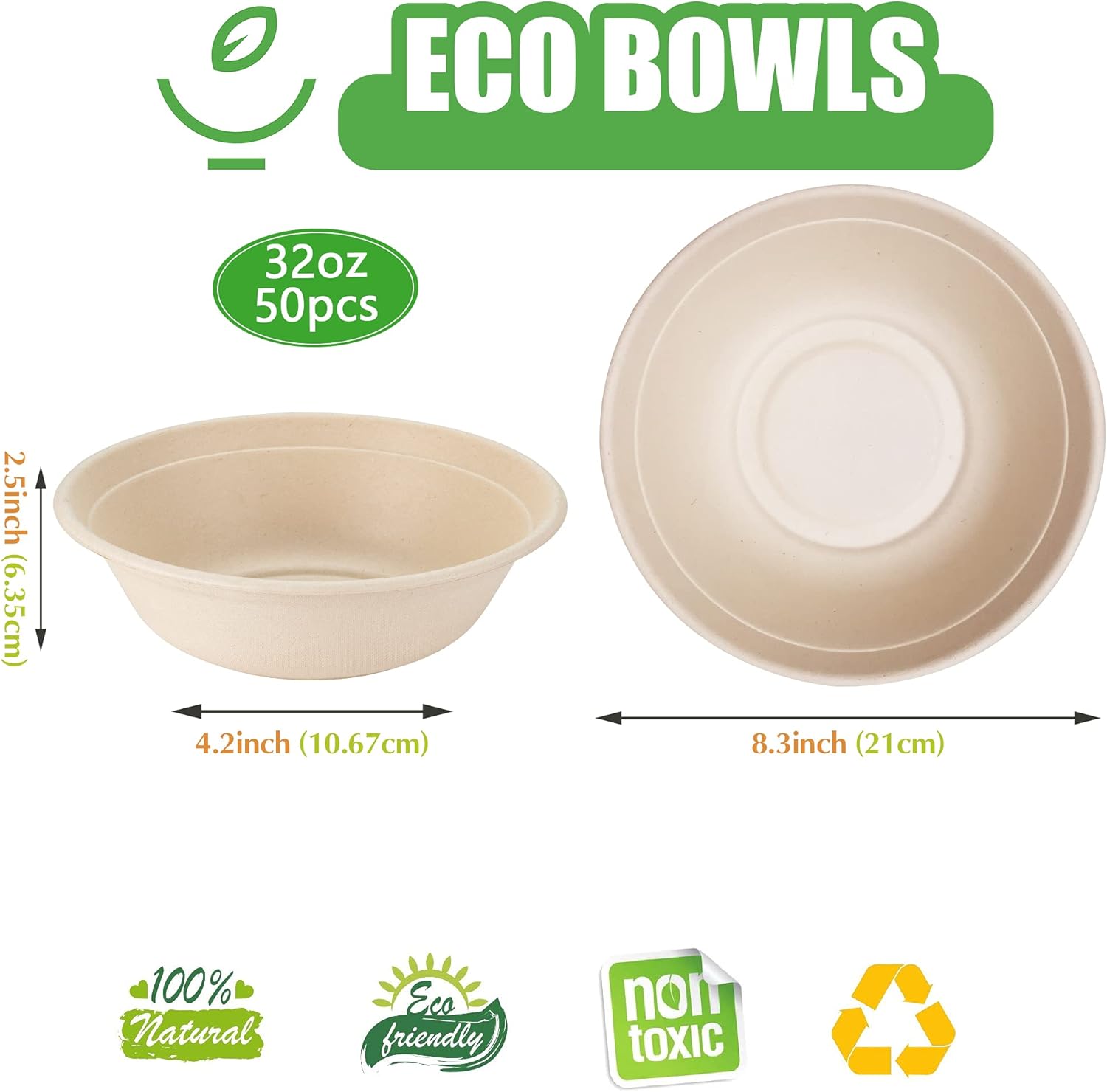 disposable paper bowls, 32 oz large bowl-100% compostable, biodegradable, green and Eco-friendly [50 Pack] natural colour bowls- convenient for daily use for salad, hot soup : Health & Household