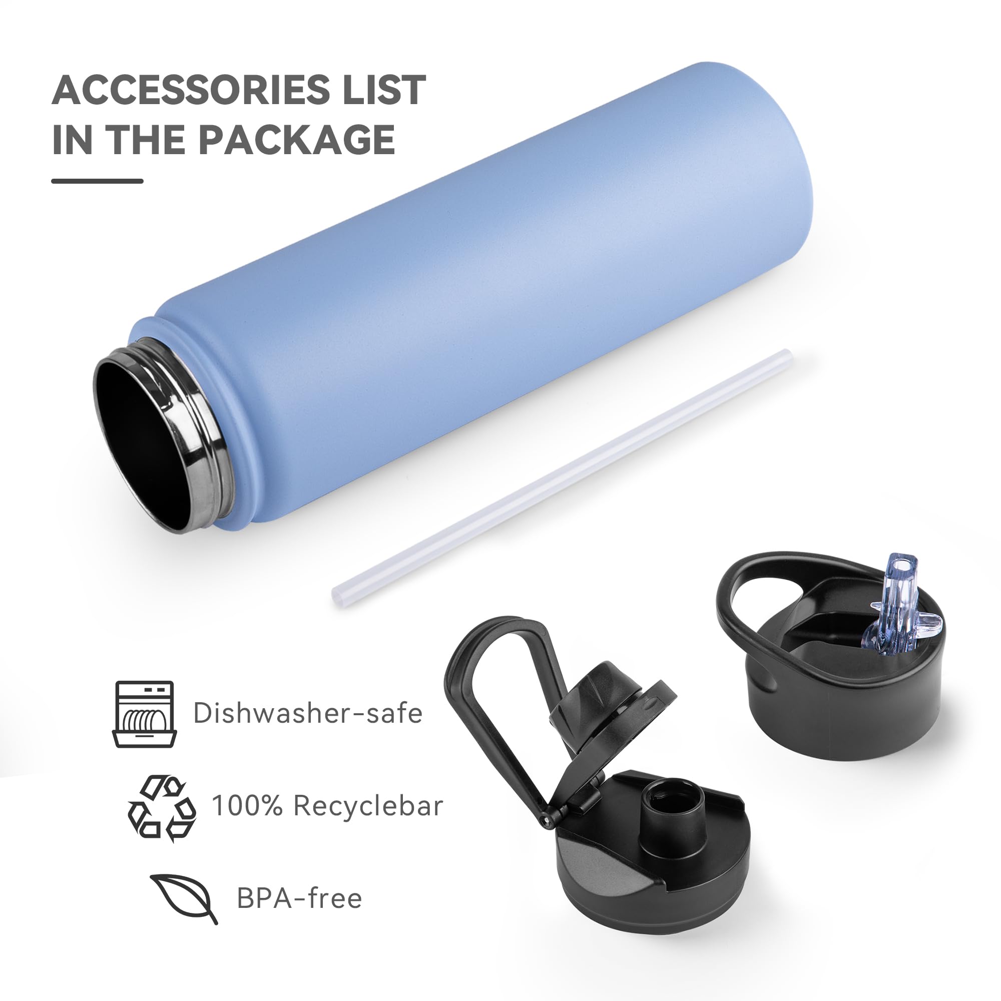 UMBFUN Insulated Water Bottle, 750ml 2 Lids (Straw Lid and Spout Lid) - Image 3