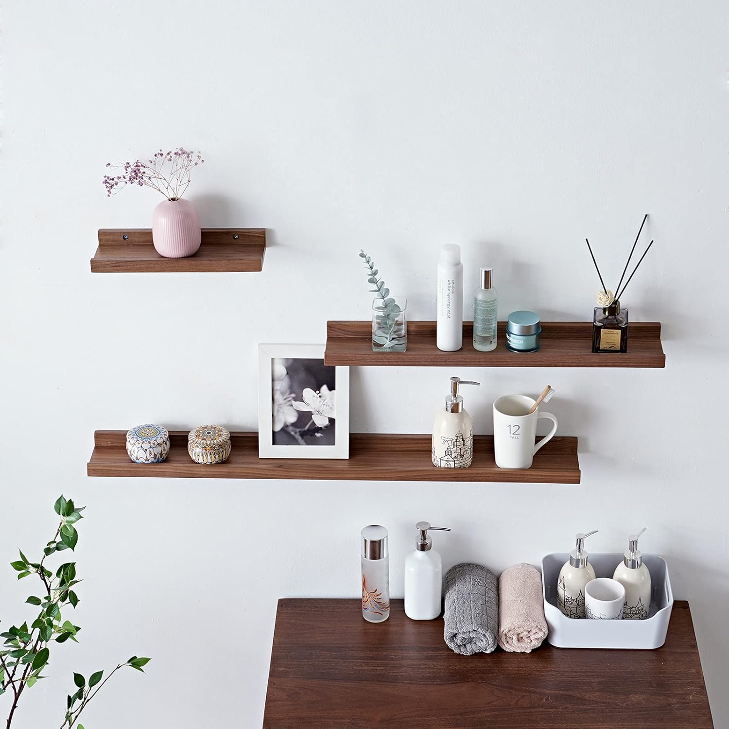 Rustic Natural Wood Floating Shelf for Wall, Plant Book Hanging Shelf for Window Bedroom Barthroom, Decorative Photo Display Ledge, 12x4x1.5Inch, 1 Pcs