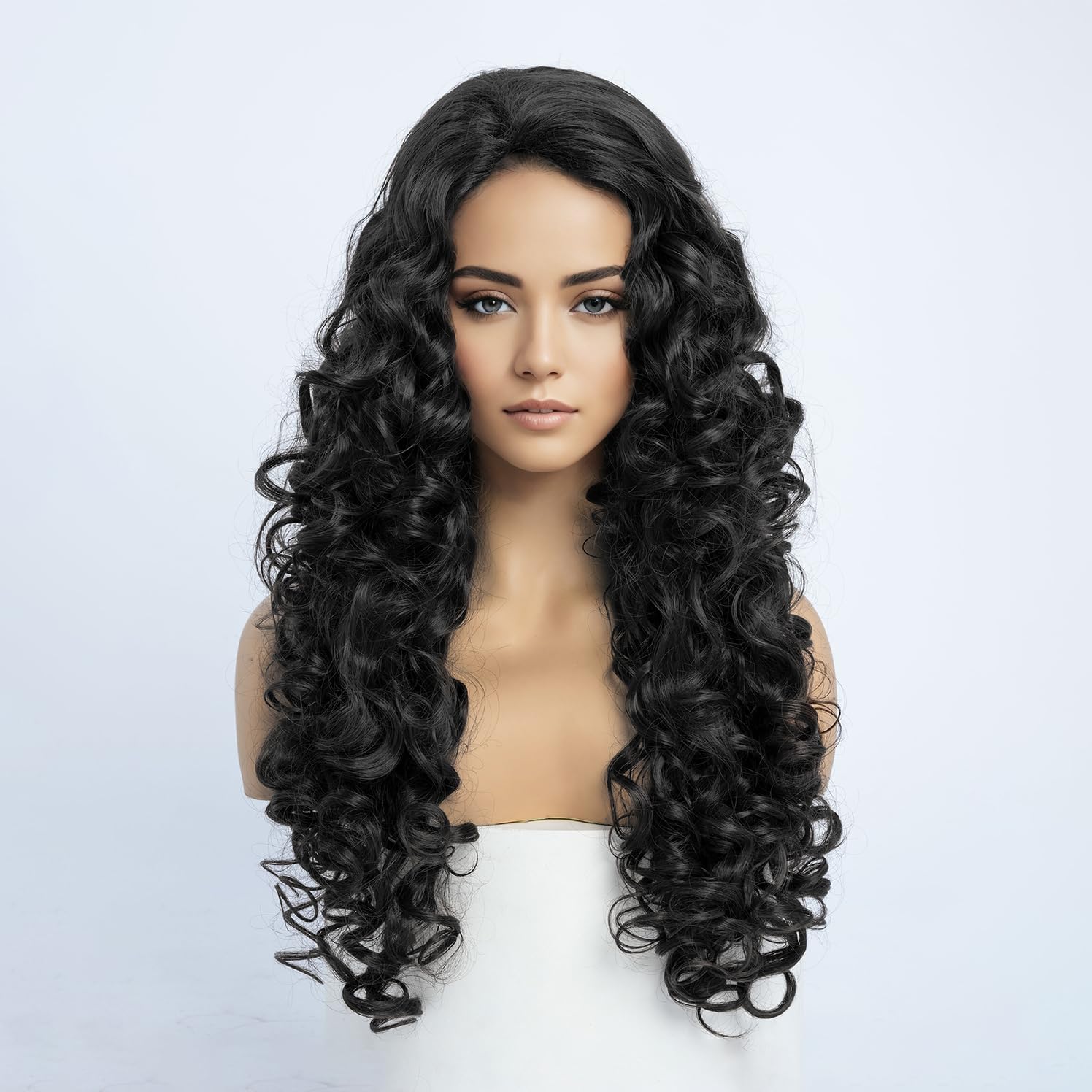 SIMKAYLEE Long Natural Black Curly Wig Wavy Styled Halloween 80s Wigs for Women Full Head Cosplay Costume Party Hairpiece Use (24 inches)