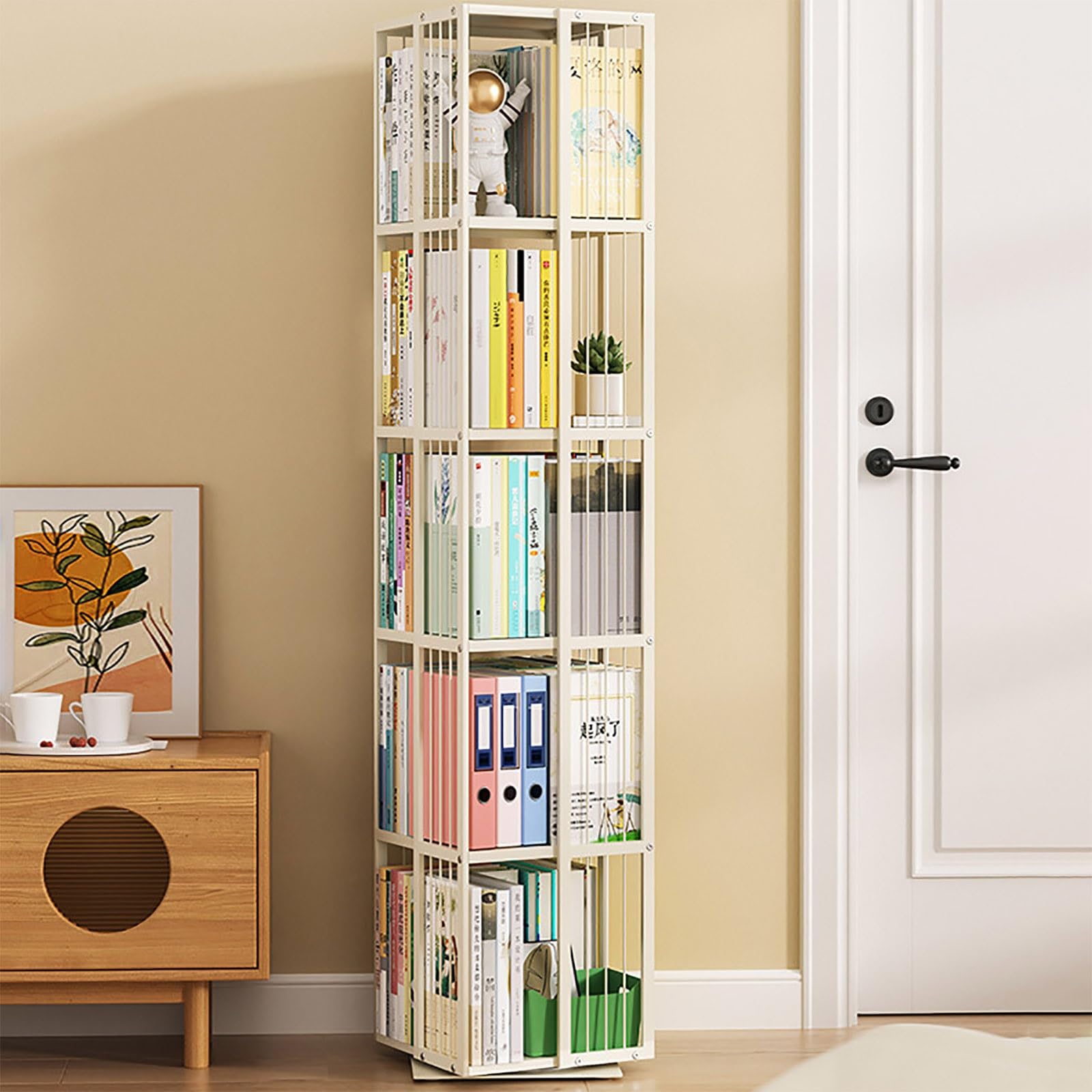 5段-回転盤-マルチ高さ-タイプB】無垢 回転式本棚 絵本棚 360