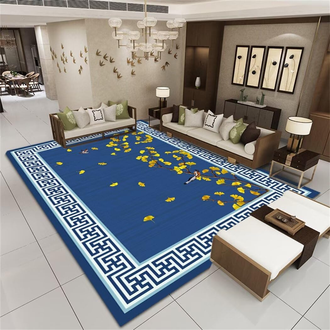 Grand tapis chambre bleu et fleuri pour déco cosy de salon