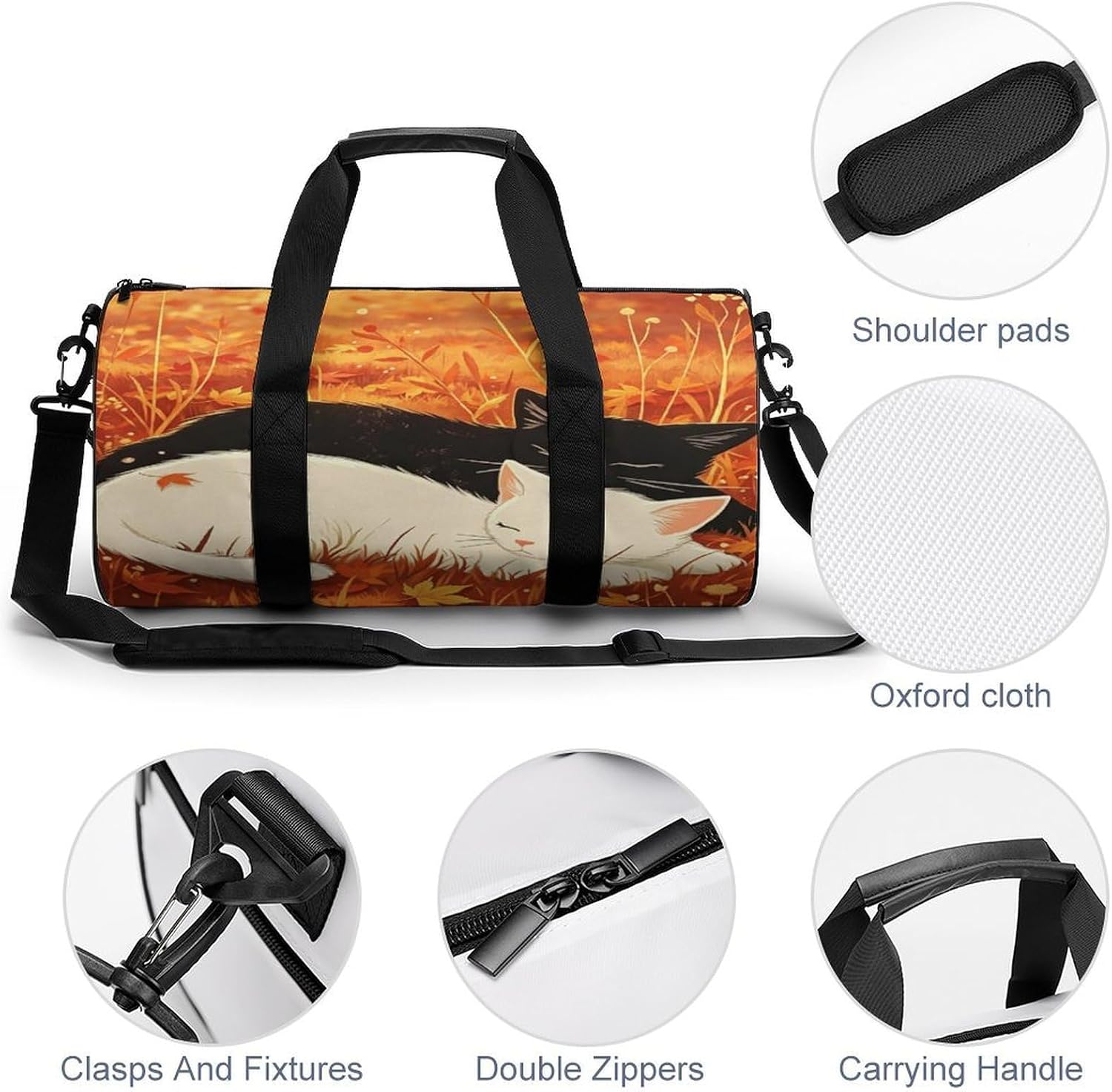 Black And White Cat Gym Bag Duffle Bags Weekender Overnight Bag image 5