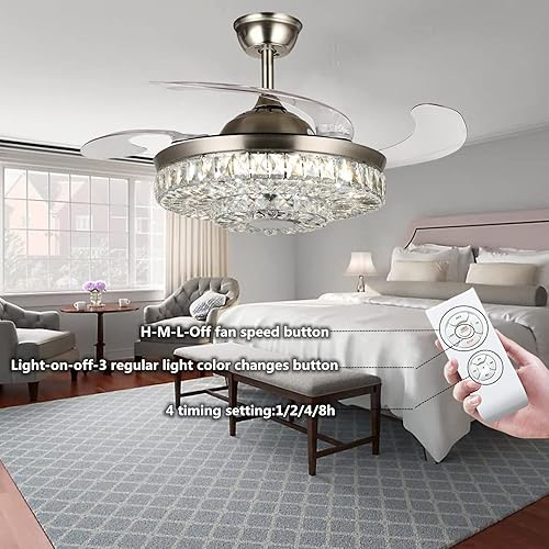 Miniatura 6 de Ventilador de techo de cristal de 42 pulgadas con control remoto de luces, lámpara inteligente con altavoz Bluetooth, aspas retráctiles, 7 colores