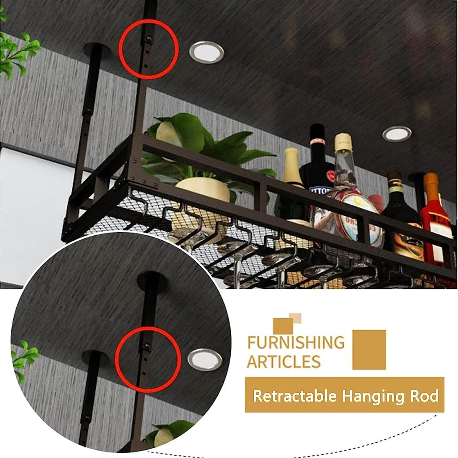 Hanging Wine Glass Holder Ceiling Black Wine Glass Rack,Hanging Wine Rack,11.8-23.6 Inch Height Adjustable Hanging Wine Rack Cabinet,Metal Wine Bottle Holder Perfect for Bar Cafe K