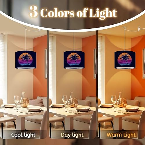 Miniatura 6 de Plug In Pendant Light Sunset palm trees 80s style Retro futuristic sun outline palm trees Hanging Lamp with Clear Cord Fabric Shade Dimmable Switch