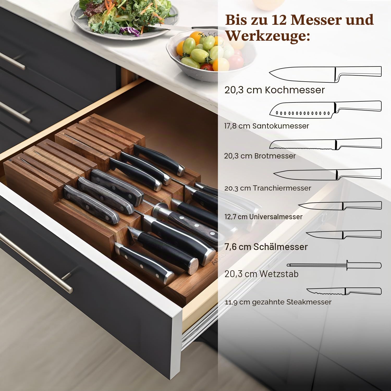 In-Drawer Messerblock, Akazien Holz Küche Messer Drawer Organizer, Messer Halter ohne Messer für bis zu 12 Messer Steak Messer Chef Messer