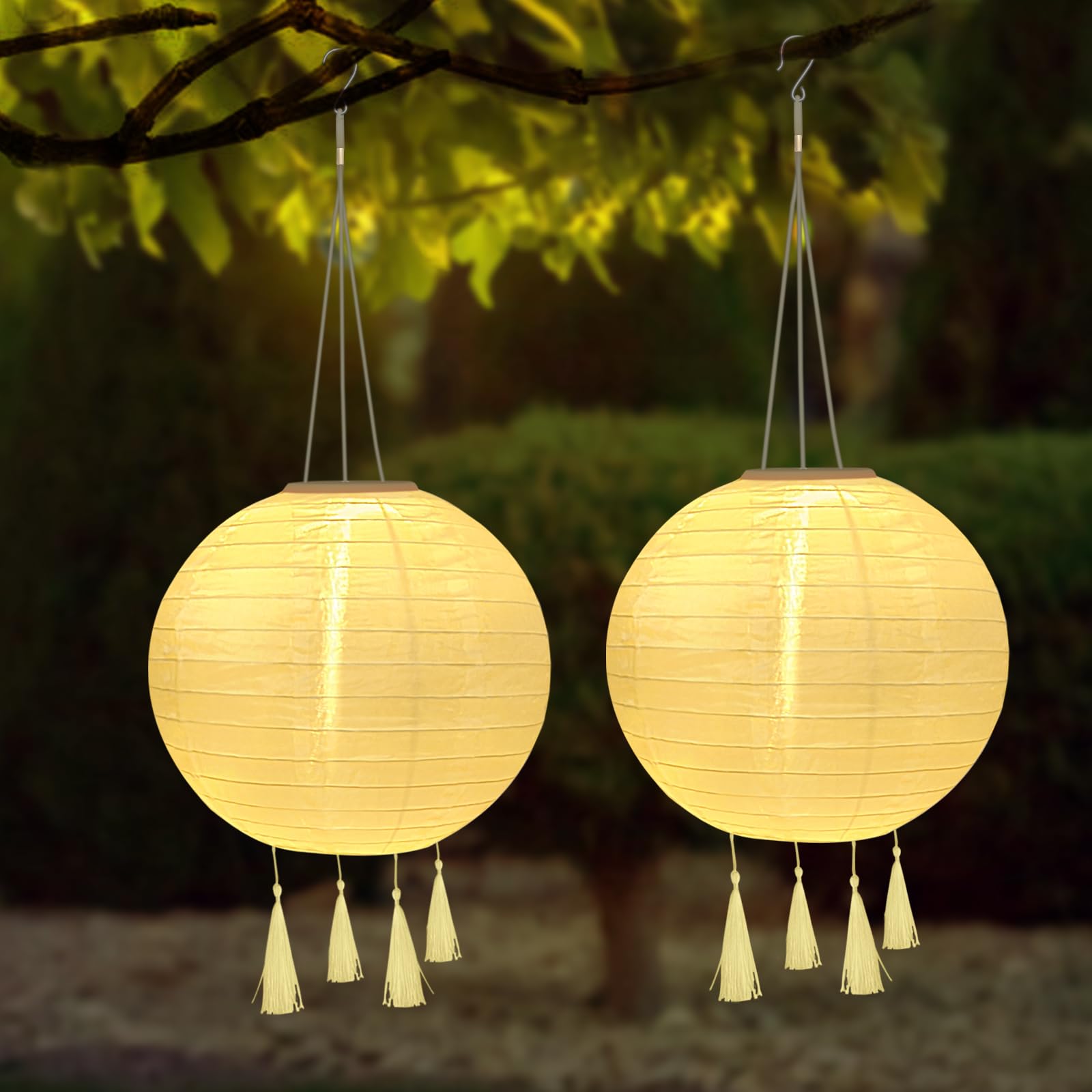 YIFMOO Solar Lampions, 4 Stück 30 CM Solarlaterne Außen Wetterfest, LED Wasserdicht Lampion mit 4 Quaste, Hängende Nylon Laterne für Gärten, Höfen, Balkonen, Hochzeit Dekoration (Warmweiß)
