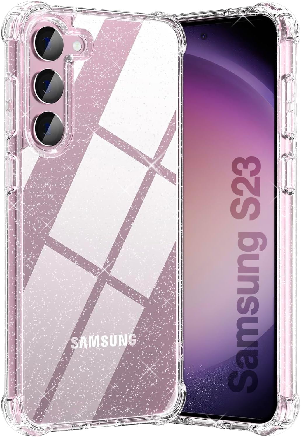 KIOMY Clear Glitter Case for Samsung Galaxy S23 5G, Shockproof Bumper Protective Cover Flexible TPU Raised Bezel Hybrid Design Slim Fit with Airbag Corners