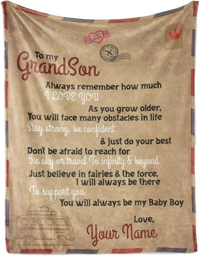 Customized to My Grandson Blanket from Grandpa & Grandma, Soft Warm Sherpa Blanket Best for Birthday [Custom] (Grandson Blanket 06, 60" X 80")