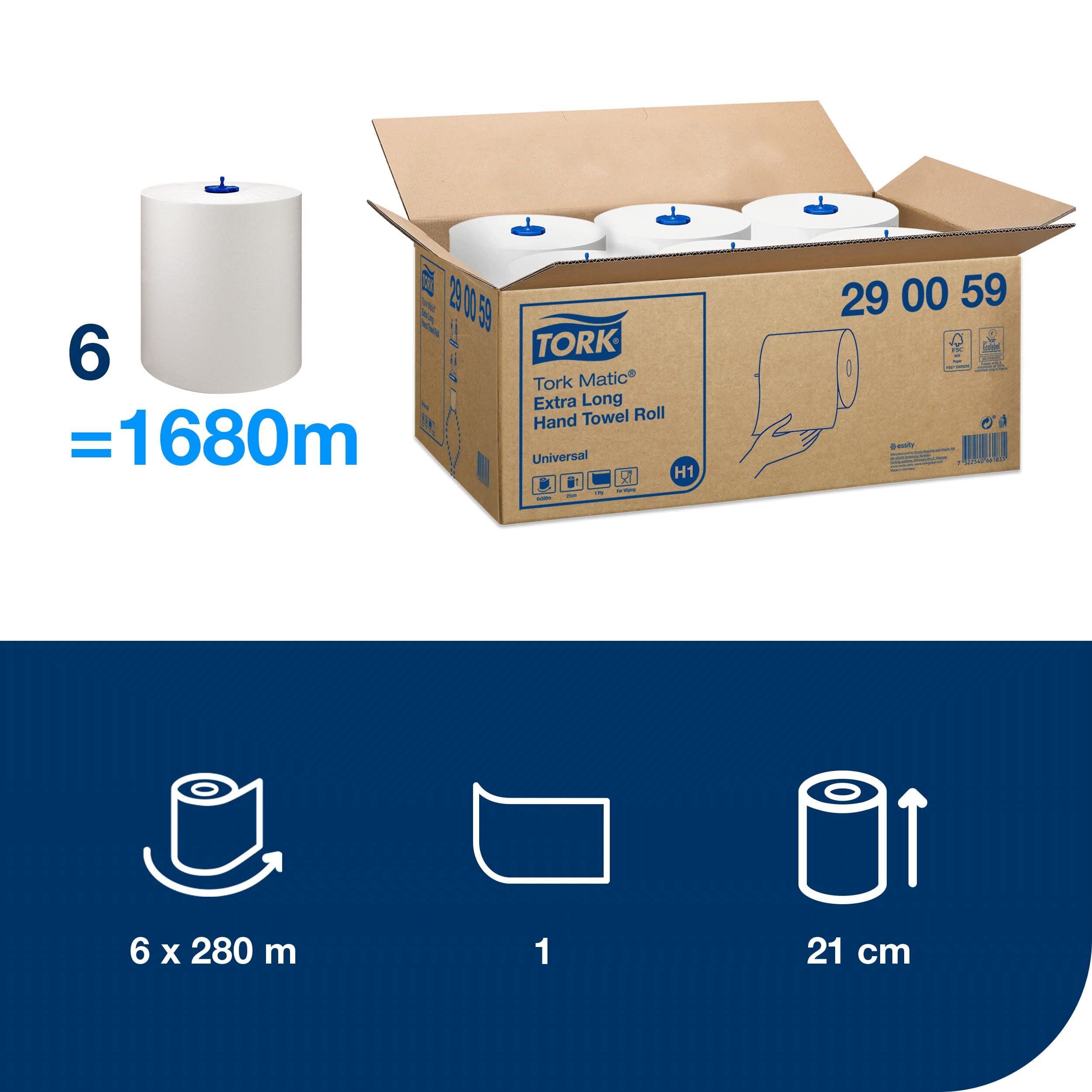 Tork Matic 290059 - Asciugamani universali di carta per dispenser di asciugamani a rotolo, 1 strato, bianco, 6 rotoli x 280 m