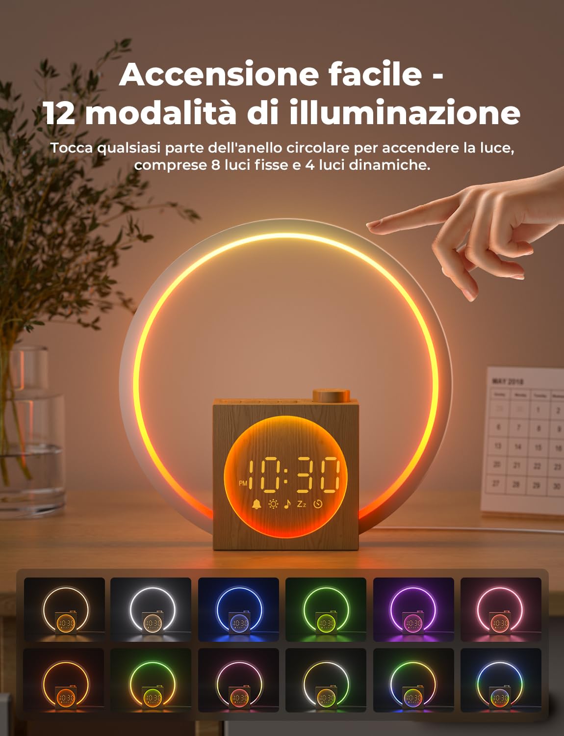 LIORQUE Sveglia Luminosa con Rumore Bianco, 30 Suoni, Alarma Snooze | Timer Spegnimento, Volume e Luminosita Regolabili, Luce Notturna Colori Dinamici, Adattatore Incluso