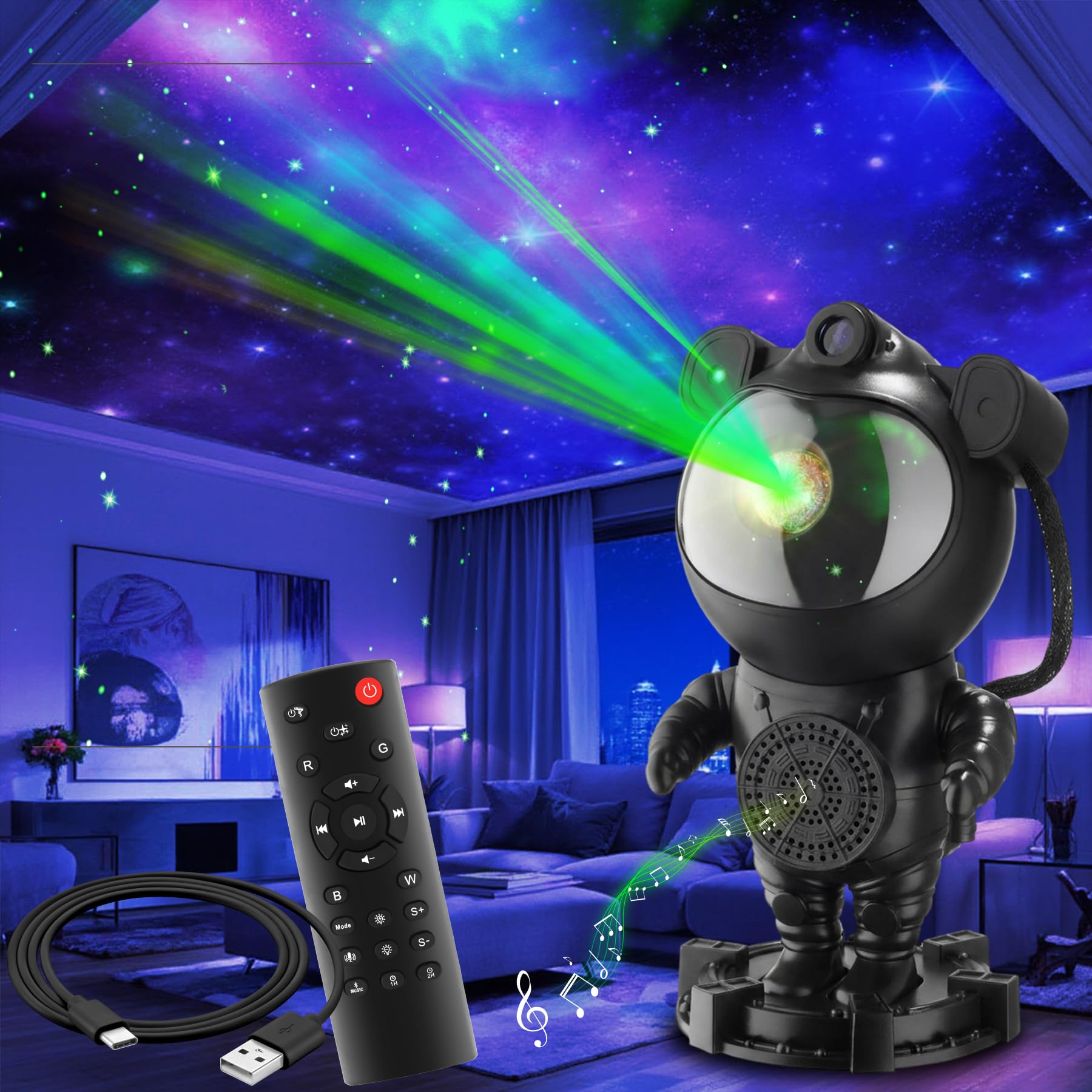 tectake Astronaut Starry Sky Projector - Black - LED - Bluetooth - Remote Control