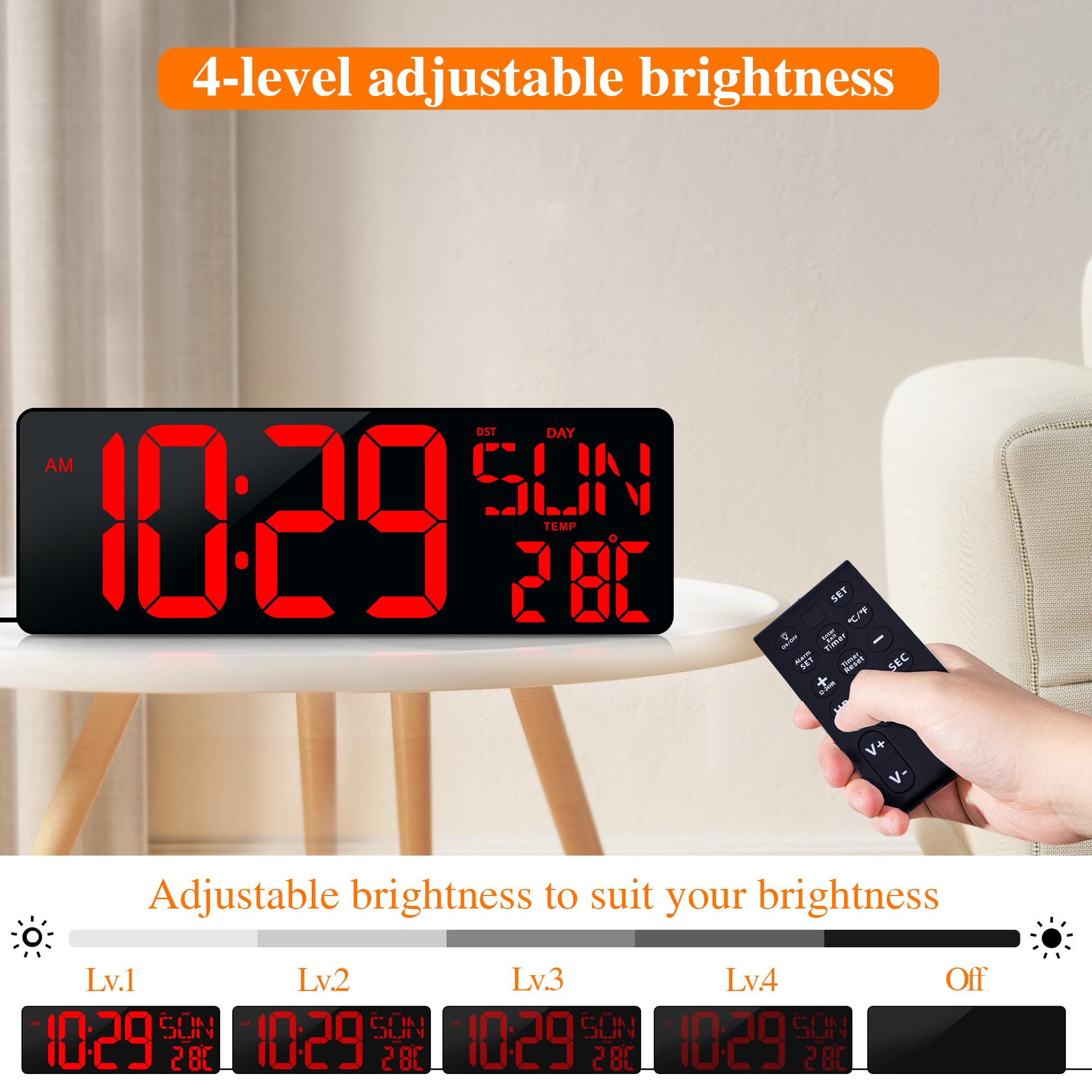 Grande orologio da parete digitale con telecomando, display LED grande da 43,7 cm con timer, temperatura, data, settimana, regolazione automatica ora legale, luminosità regolabile, grande sveglia da