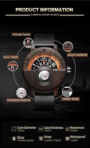 Miniatura 9 de GORBEN Reloj con brújula y tocadiscos de madera para hombre, elegante reloj de pulsera de madera para hombre, reloj de cuarzo ligero hecho a mano