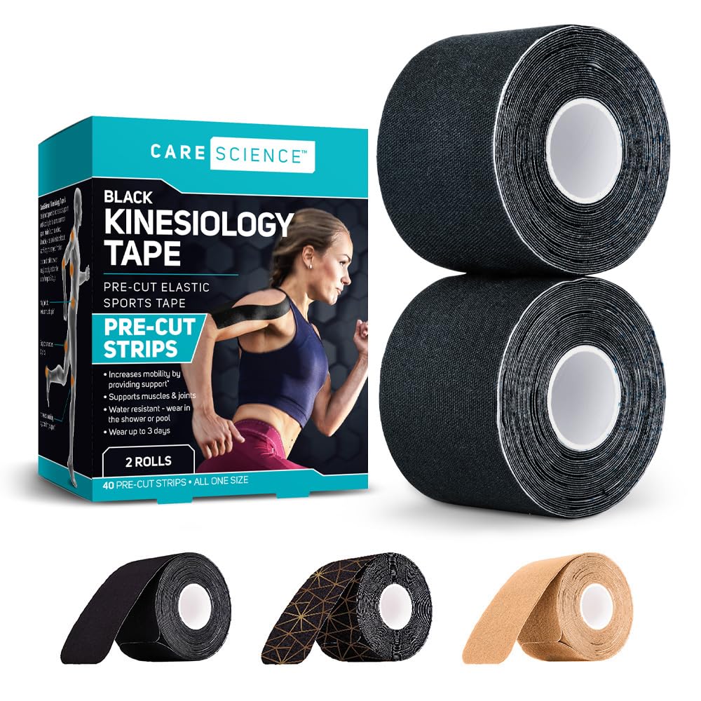 Care Science Waterproof Kinesiology Tape, 40 ct Precut Strips (2 Rolls), Black | Elastic Sports & Weightlifting Tape Supports Muscles & Joints. Water Resistant