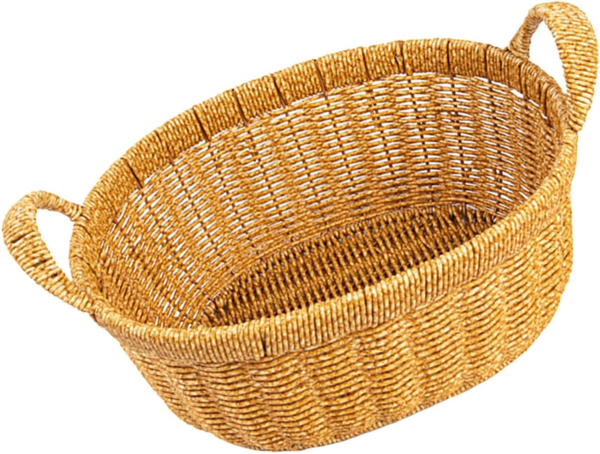 BESPORTBLE Simulated Rattan Fruit and Bread Basket with Double Handles, Large Deep Oval Plastic Tray, Handwoven Style Storage Bin for Kitchen Countertop and Outdoor Picnic