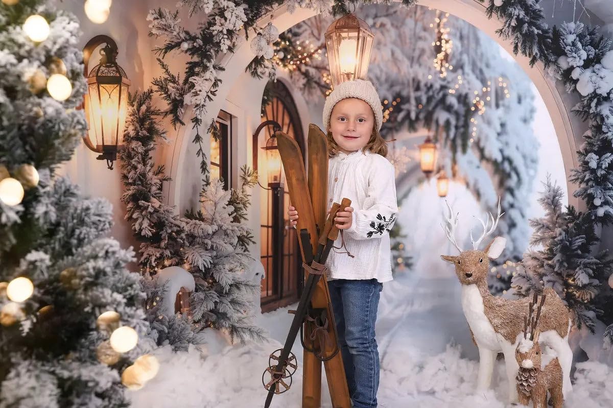 Kate Navidad Arco Pasillo Fotografía Telones de Fondo 3x2m/10x6.5ft Invierno Retro Flor Blanca Adultos Niños Retrato Familiar Photocall Fondo Decorativo Estudio Fotográfico