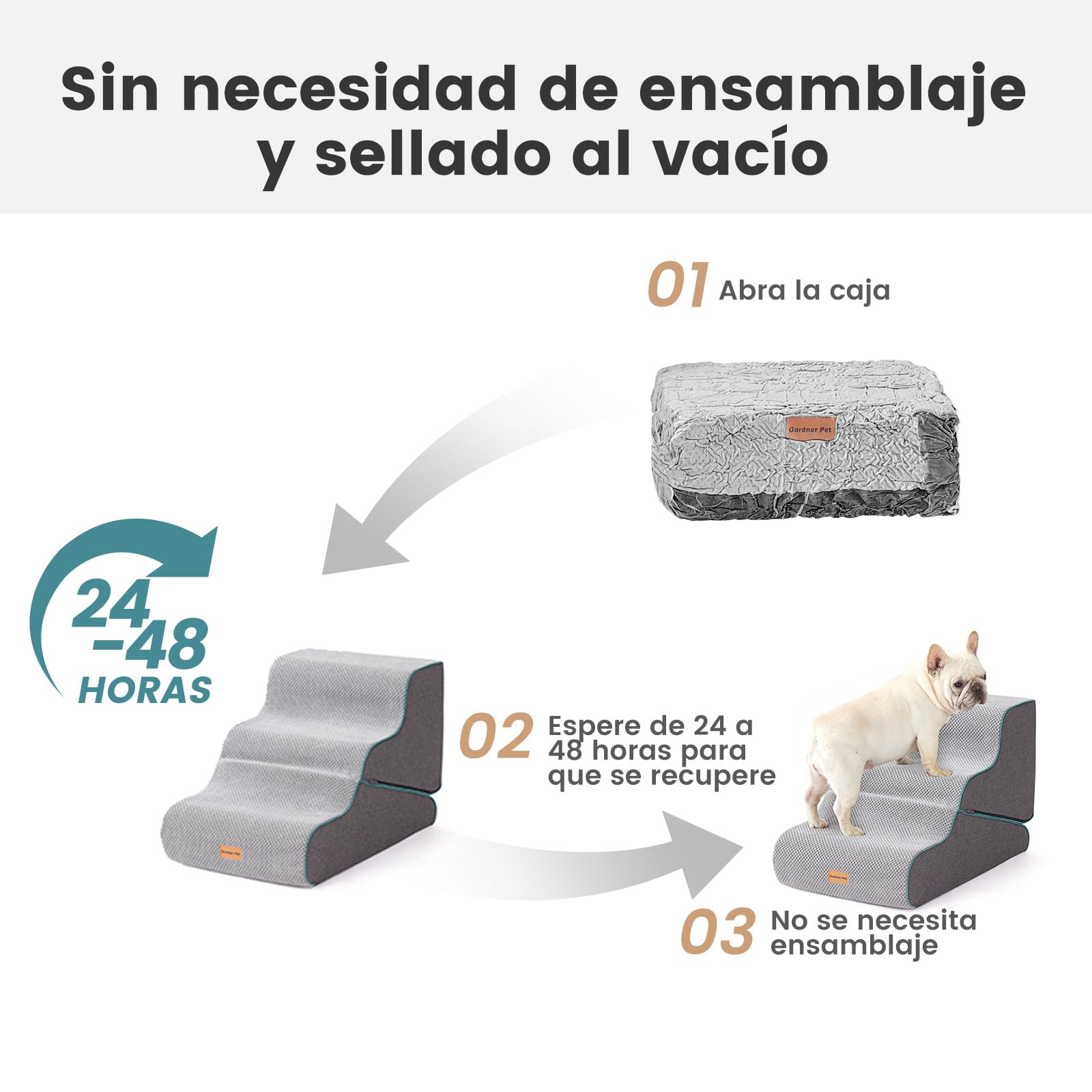 Gardner Pet Escaleras para Perros 2 en 1, Altura 42cm, con Tres Peldaños de Espuma de Alta Densidad y Diseño Antideslizante para Facilitar el Acceso a Sofás y Camas - Gris
