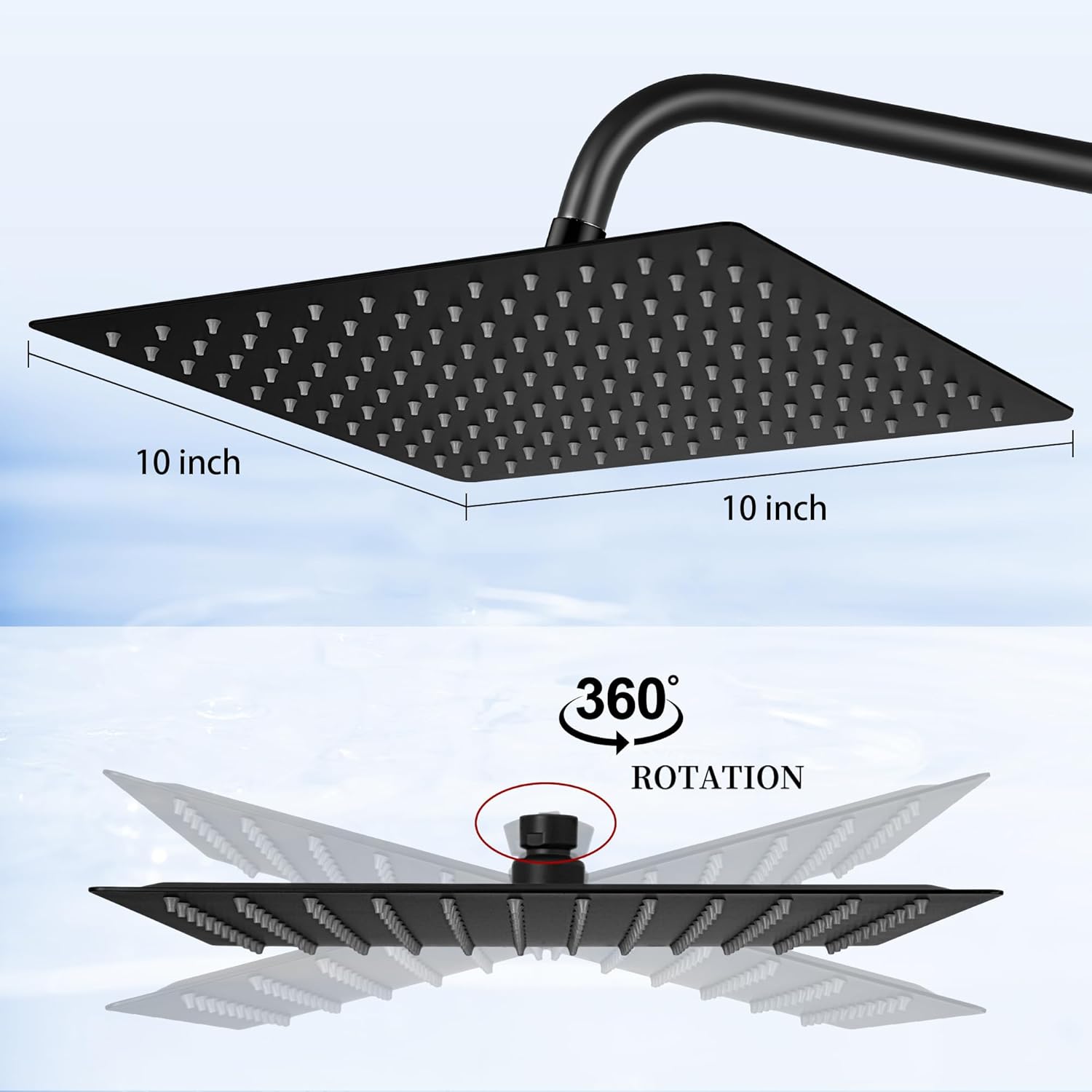 Rainfall Shower Heads with Self-Cleaning Silicone Fixed Rain Shower Head 10 Inch, Square Powerful High Pressure Overhead Shower Head Chrome