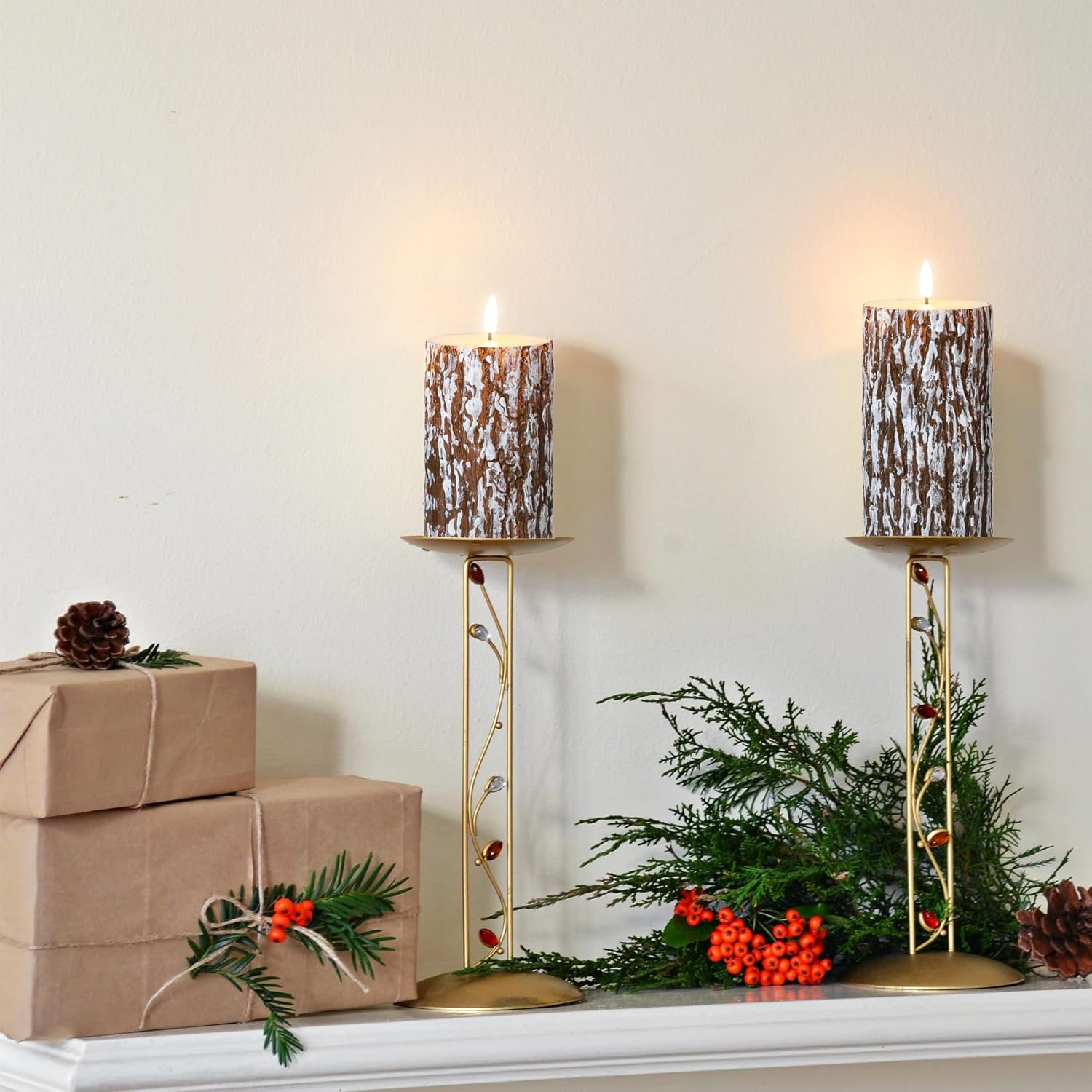Eywamage Brown Pine Bark Flameless Pillar Candles with Remote, Farmhouse Battery Operated LED Wood Candles Set of 3