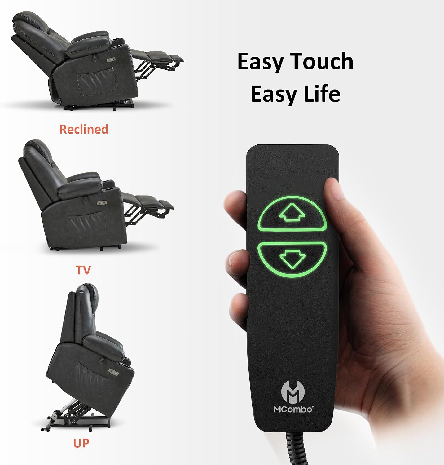 MCombo Large Power Lift Recliner Chair for Elderly, Lift Chair with Heat and Massage for Tall People, Extended Footrest, USB & Type C Ports, Cup Holders, Faux Leather 7516 (Large, Grey)